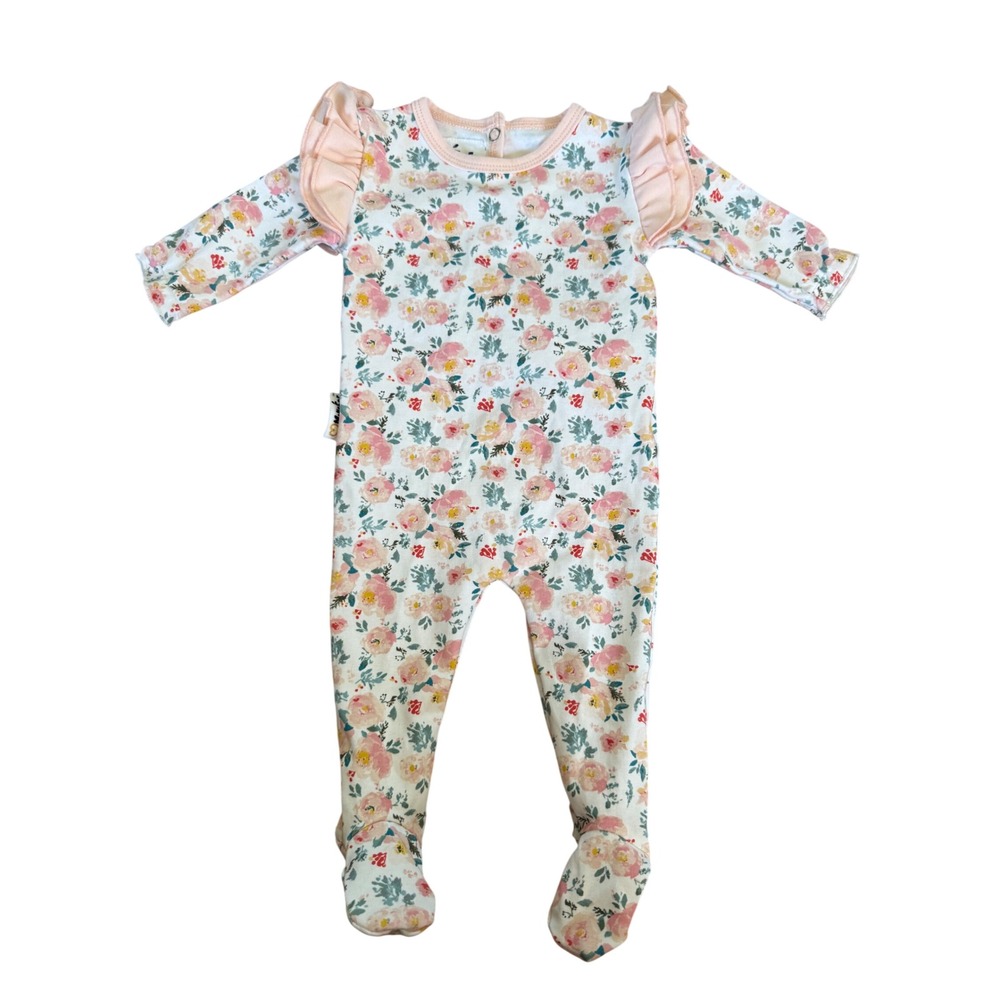 Maniere Child Baby Girl Floral Ruffle Footed Sleeper Pink Cream 3M